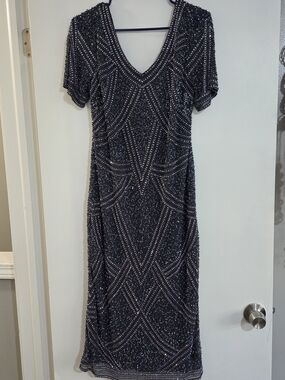 NWOT Pisarro Nights Size 8 Beaded Short Sleeve Midi Dress Slate Blue